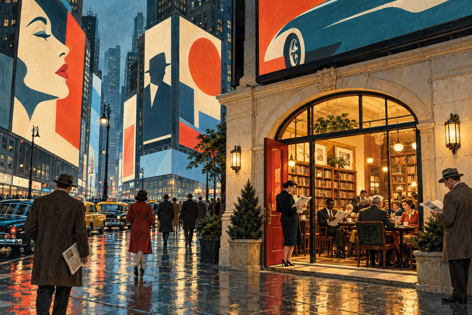 Amid towering advertising billboards, people gather in a warm, inviting reading room with a red door.