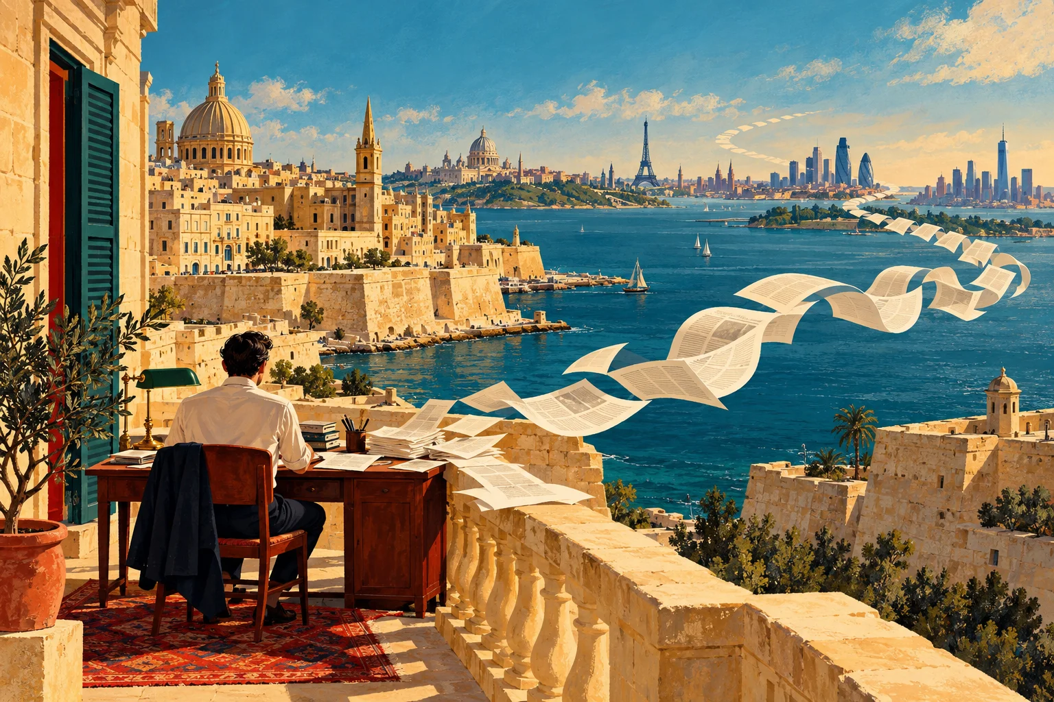 An illustrated editor works on a Maltese balcony as pages flow across the sea towards international city skylines.