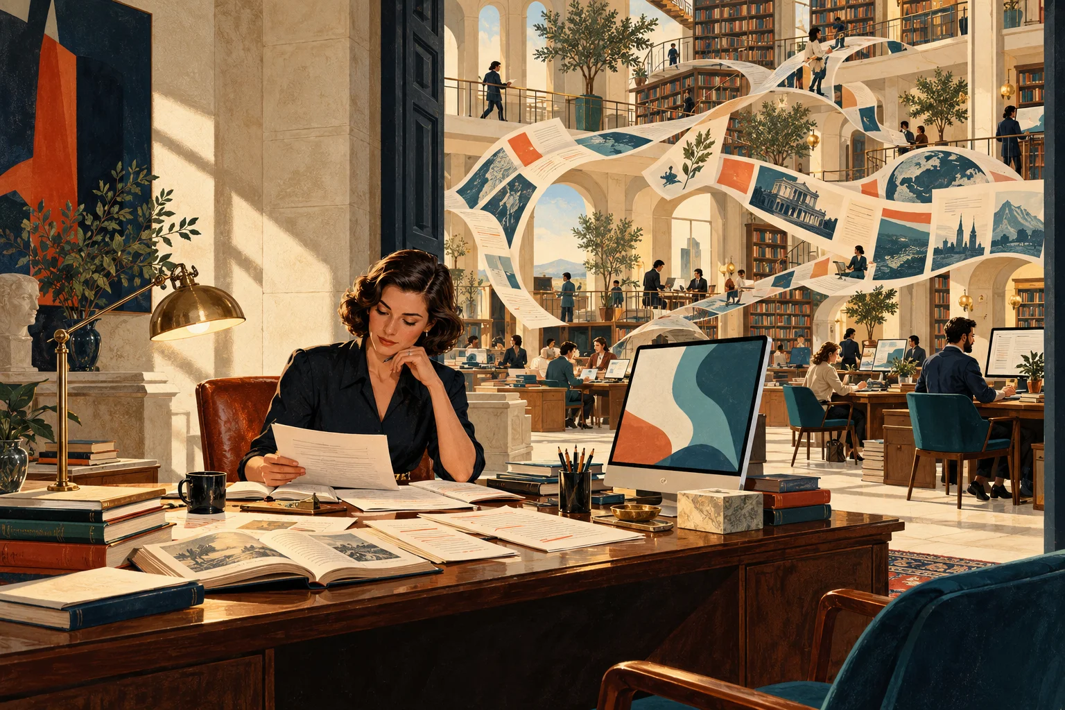An editor checks research at a wooden desk, with flowing documents linking a large library and publishing workstations.