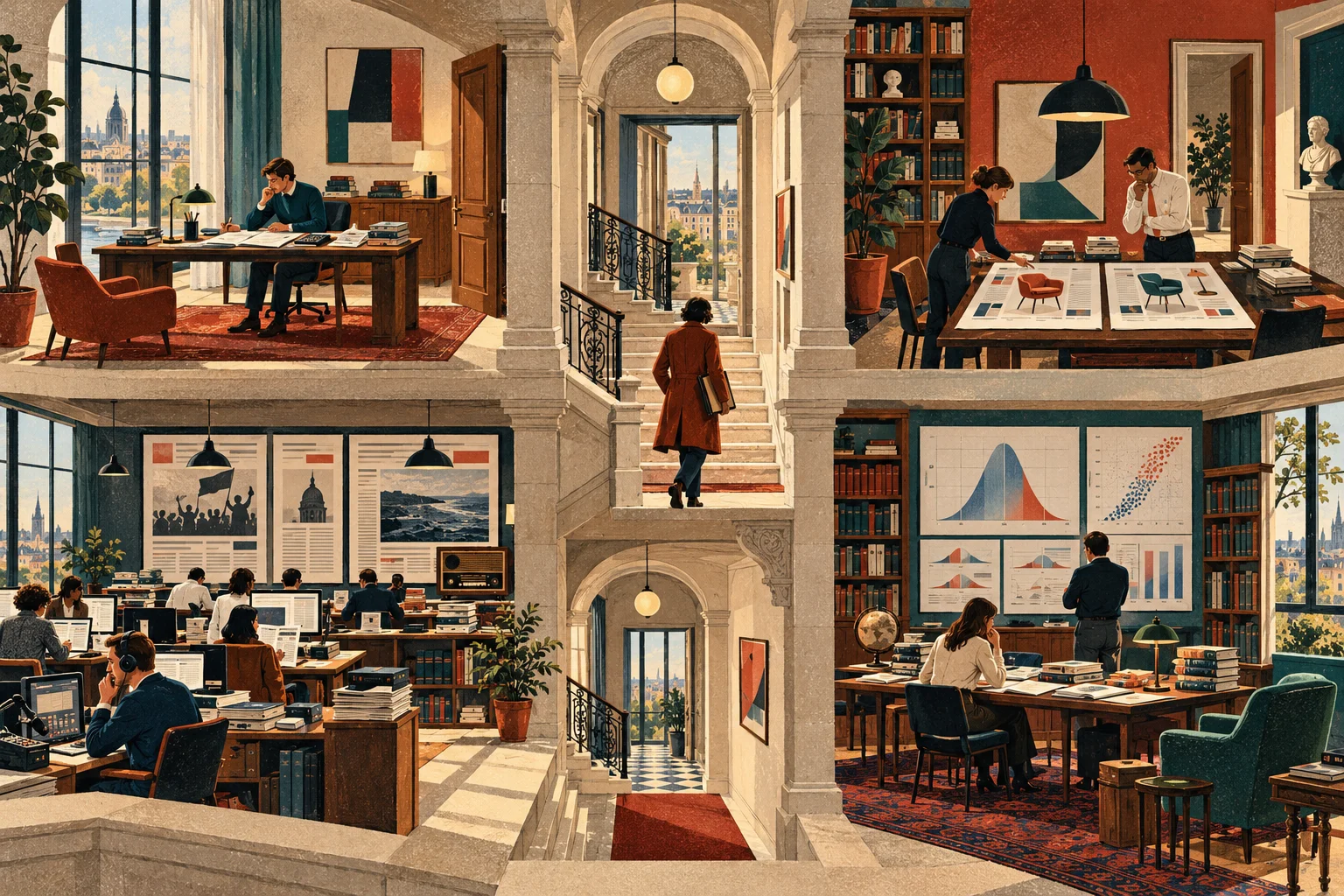 Four interconnected editorial rooms contain decision tools, product comparisons, a newsroom and market analysis.