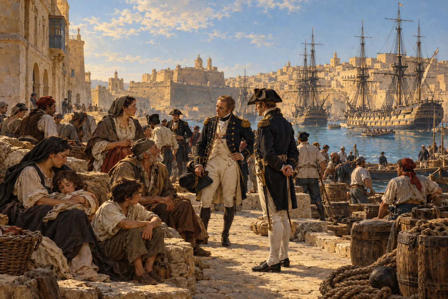 An imagined encounter between Maltese civilians and British naval officers in 1800.