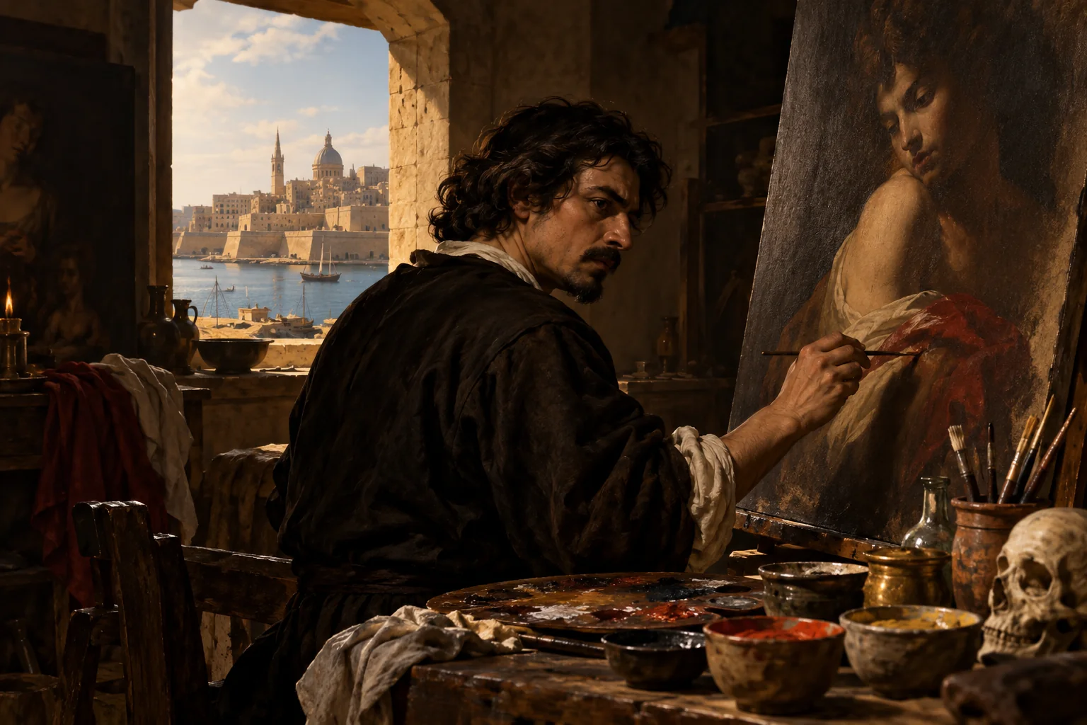 An imagined scene of Caravaggio working in a dim Maltese studio.