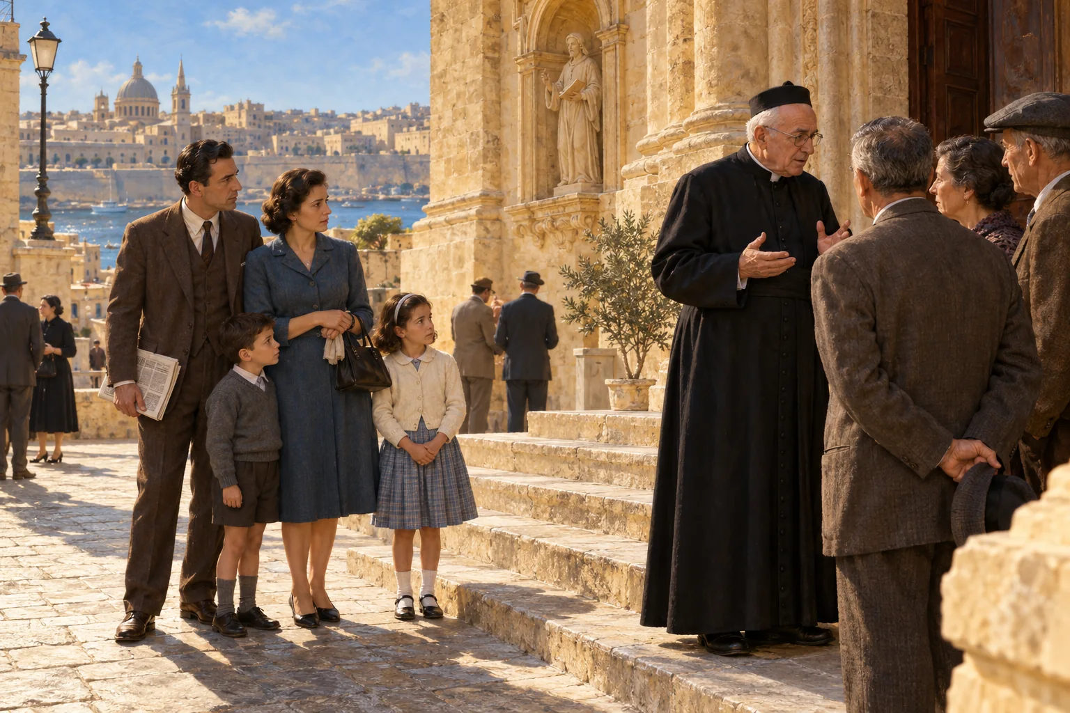An imagined parish scene reflecting the Church–politics conflict around Malta's 1962 election.