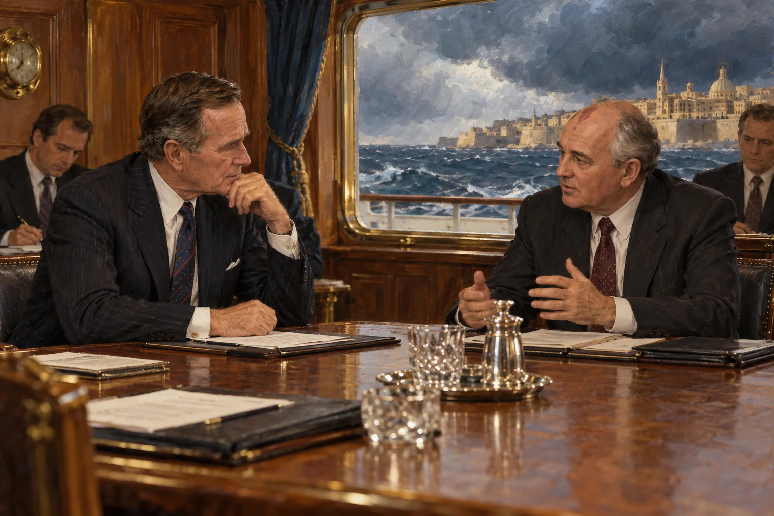 An imagined shipboard meeting between Bush and Gorbachev during the Malta Summit in 1989.