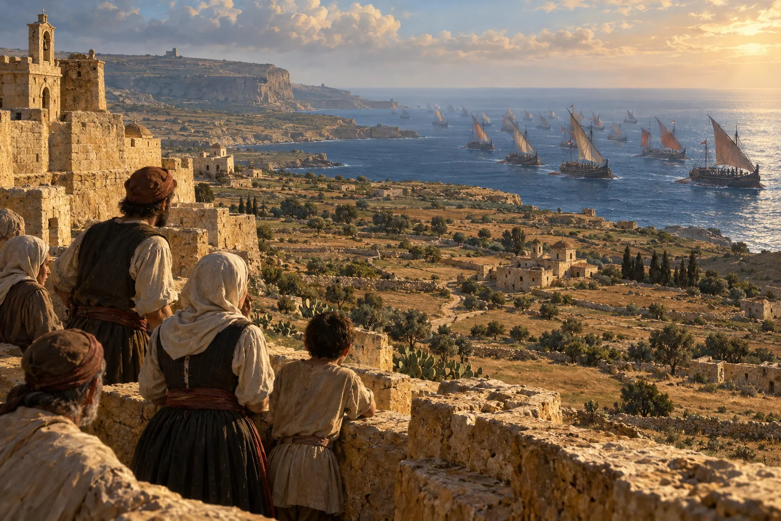 An imagined view of an approaching Ottoman fleet and Gozitan onlookers in 1551.