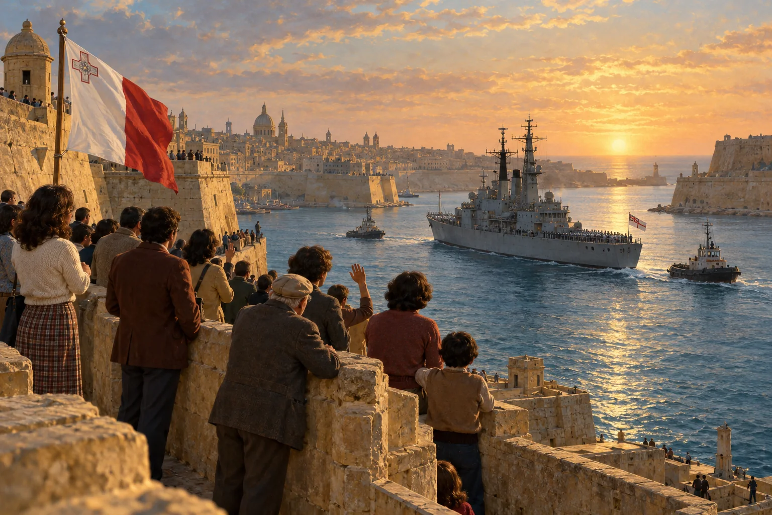 An imagined scene of the British military departure from Malta in 1979.