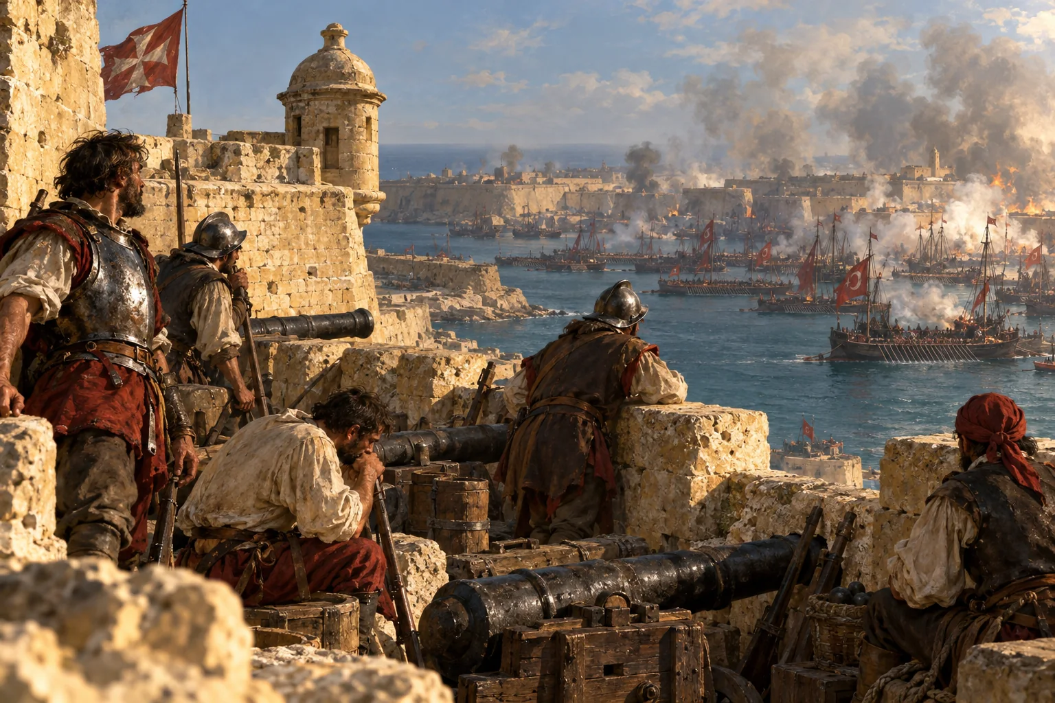 An imagined scene of defenders overlooking Grand Harbour during the Great Siege.
