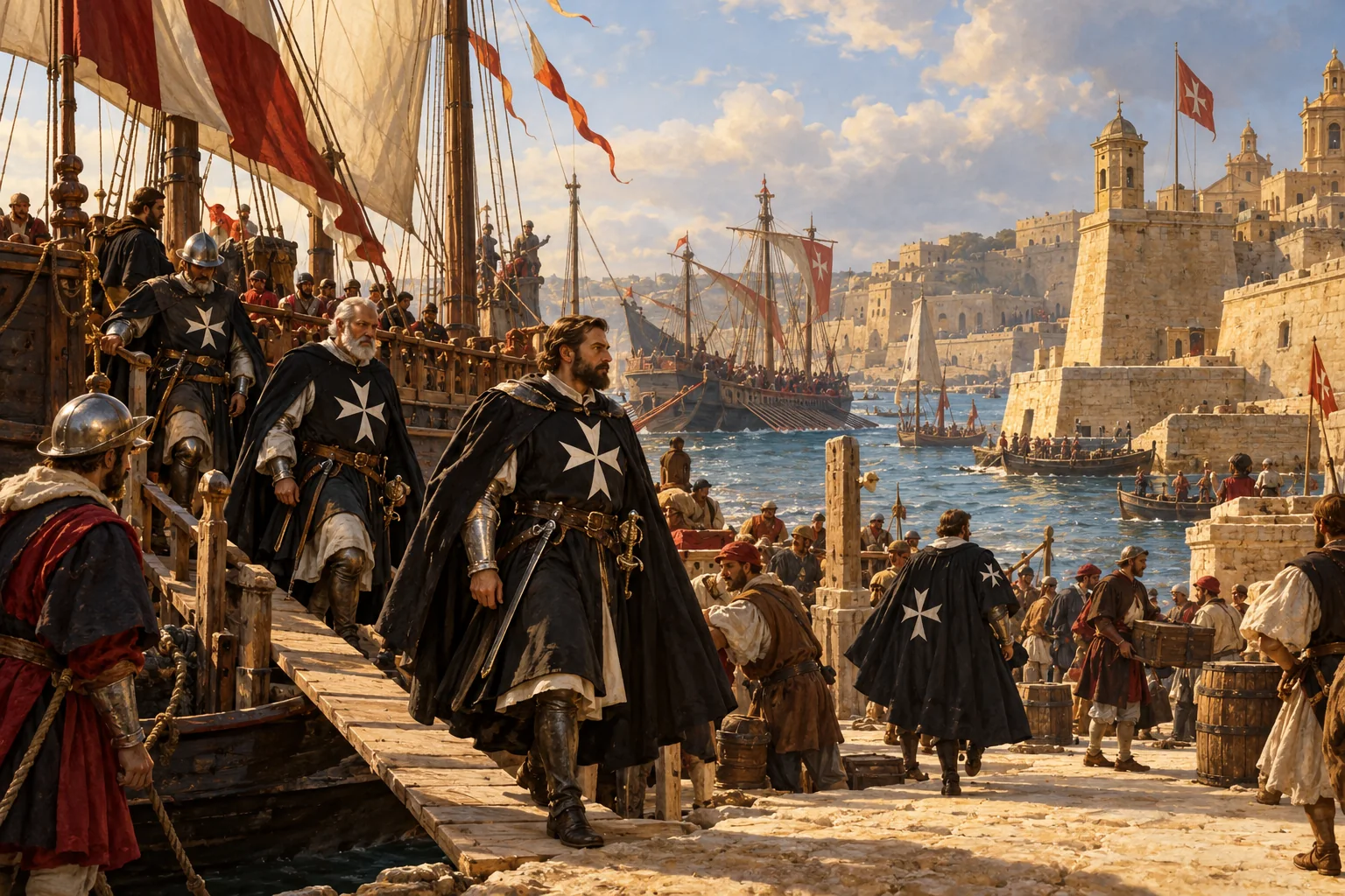 An imagined arrival of the Knights of Saint John at Birgu in 1530.