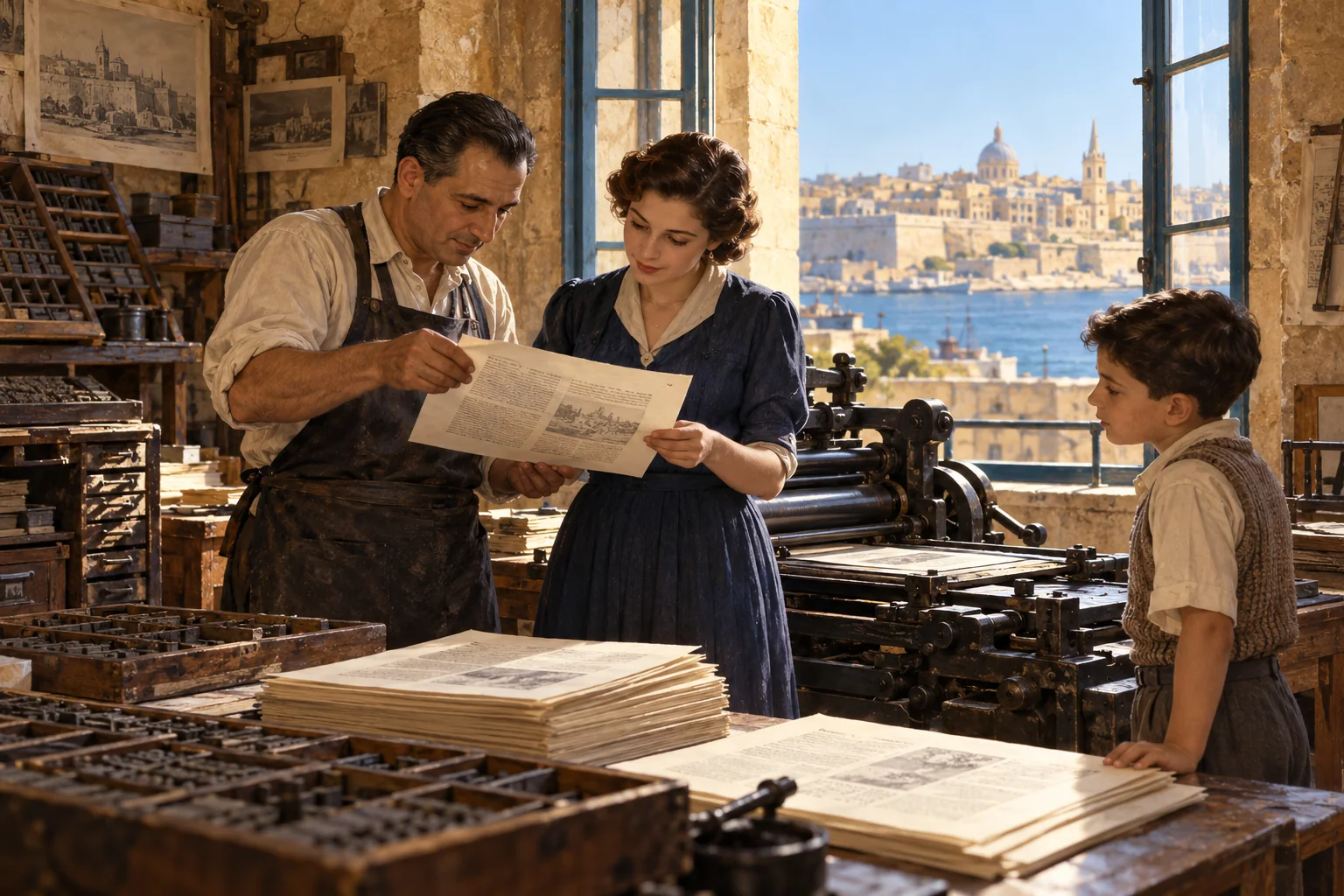 An imagined Maltese print workshop during the change in official language status in 1934.
