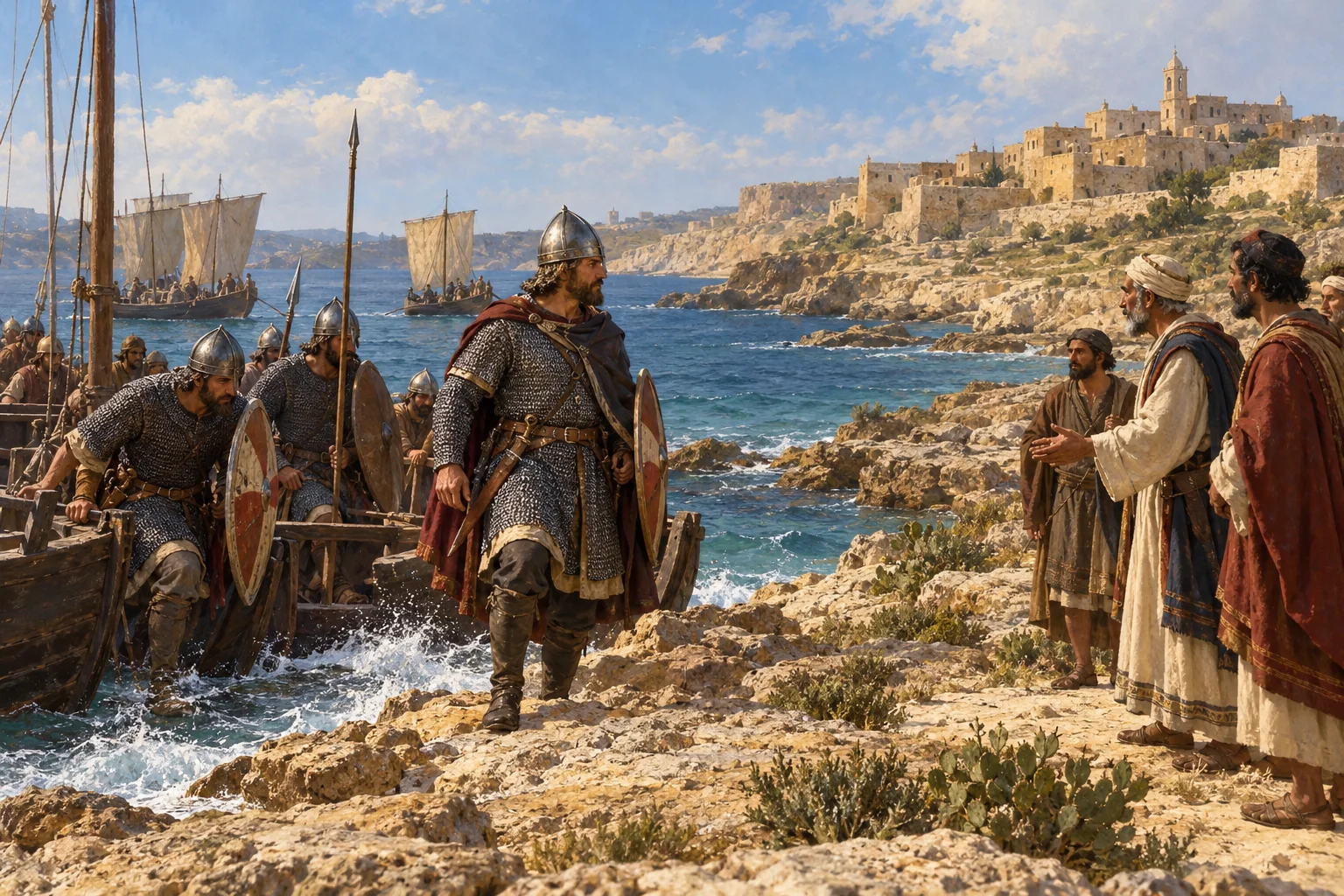 An imagined arrival of Norman warriors and an encounter with local people in Malta in 1091.