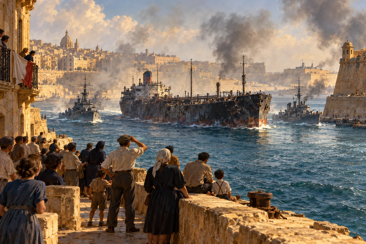 An imagined scene of the damaged tanker Ohio entering Grand Harbour in August 1942.
