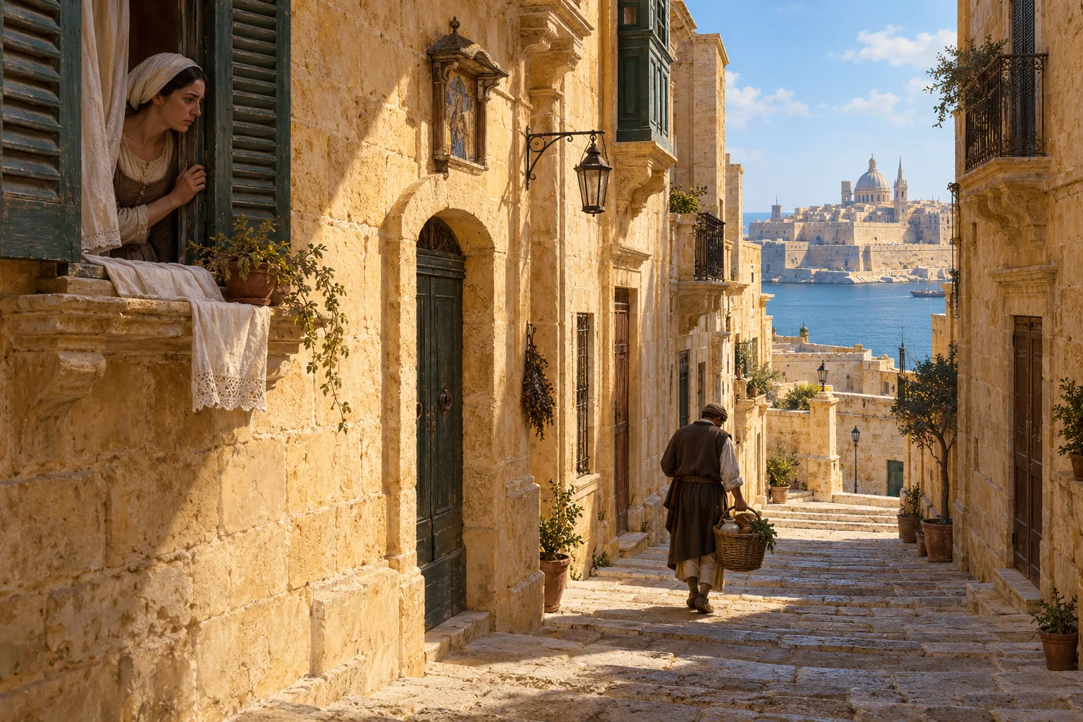 An imagined quiet Maltese street during the plague of 1675–76.
