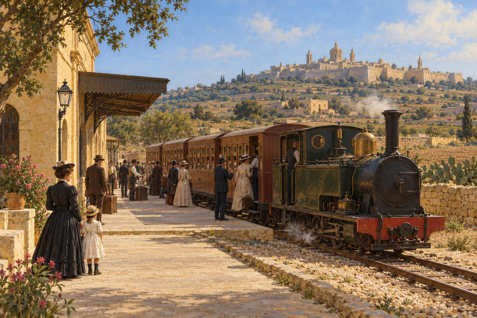 An imagined late nineteenth-century station on Malta's railway.