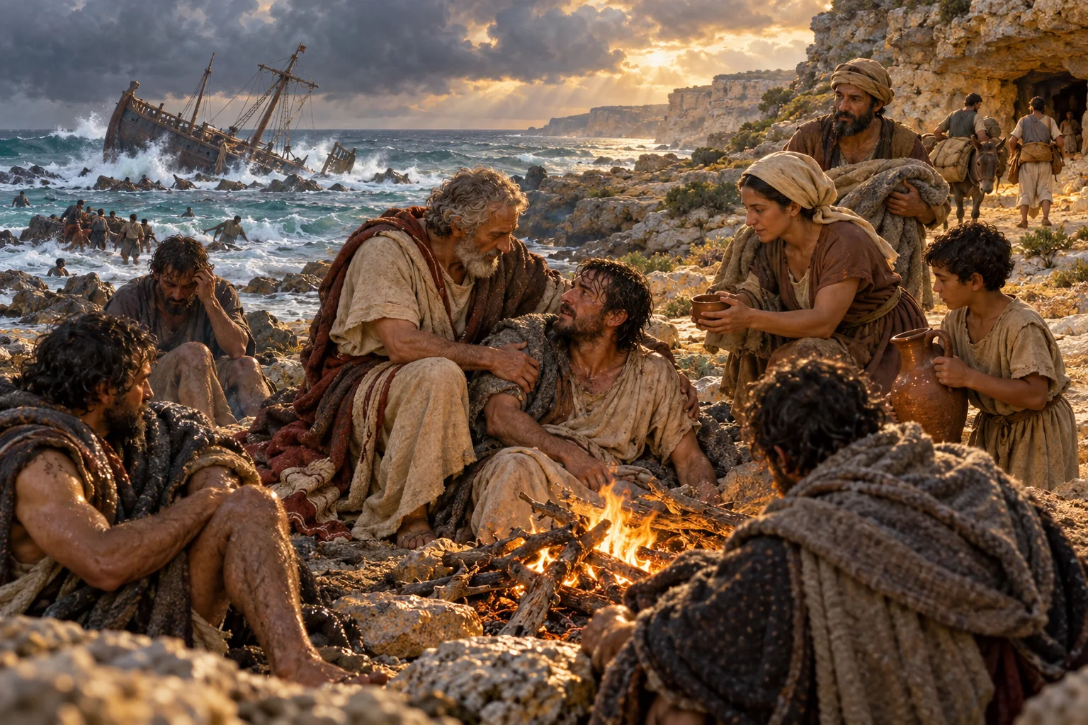 An imagined scene of shipwreck survivors receiving help on Malta's rocky shore.