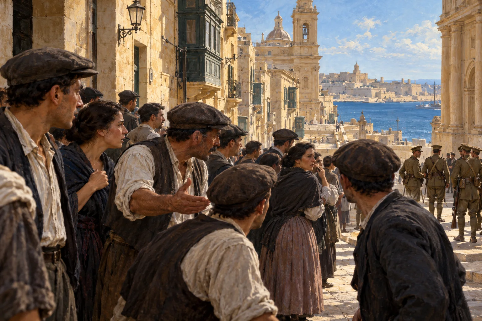 An imagined tense Valletta street during the Sette Giugno unrest in June 1919.