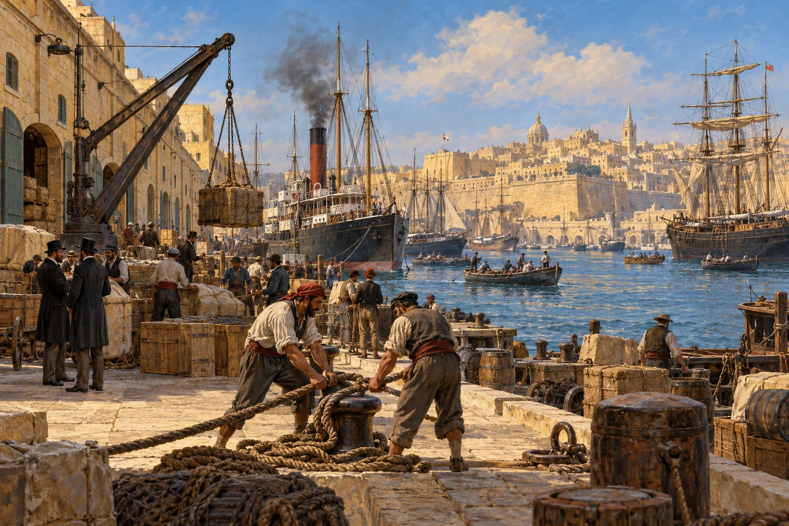 An imagined busy Maltese harbour after the opening of the Suez Canal.