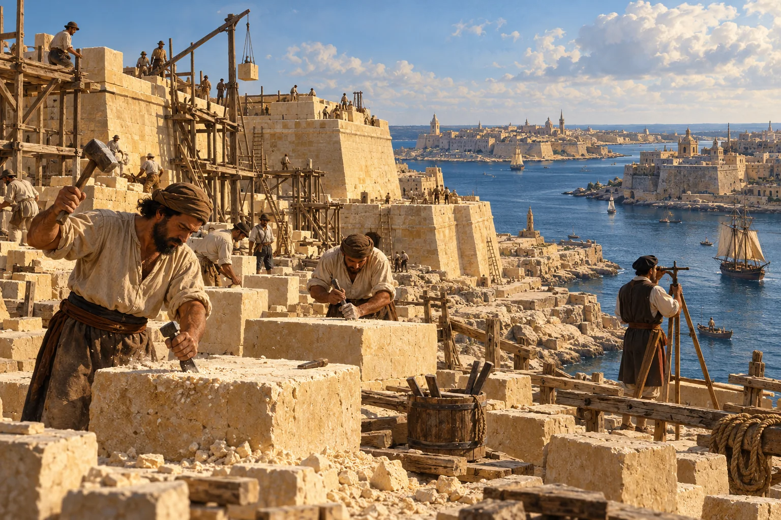 An imagined scene of stonecutters building Valletta on the Sciberras peninsula.