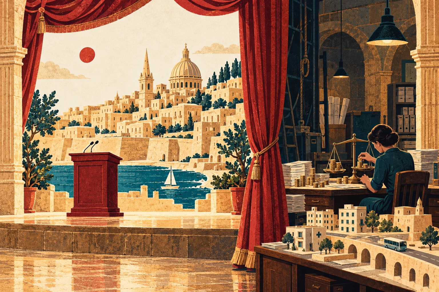 Editorial illustration: behind a red theatre curtain, a budget speech shares the stage with an accountant weighing coins beside models of homes and public services.
