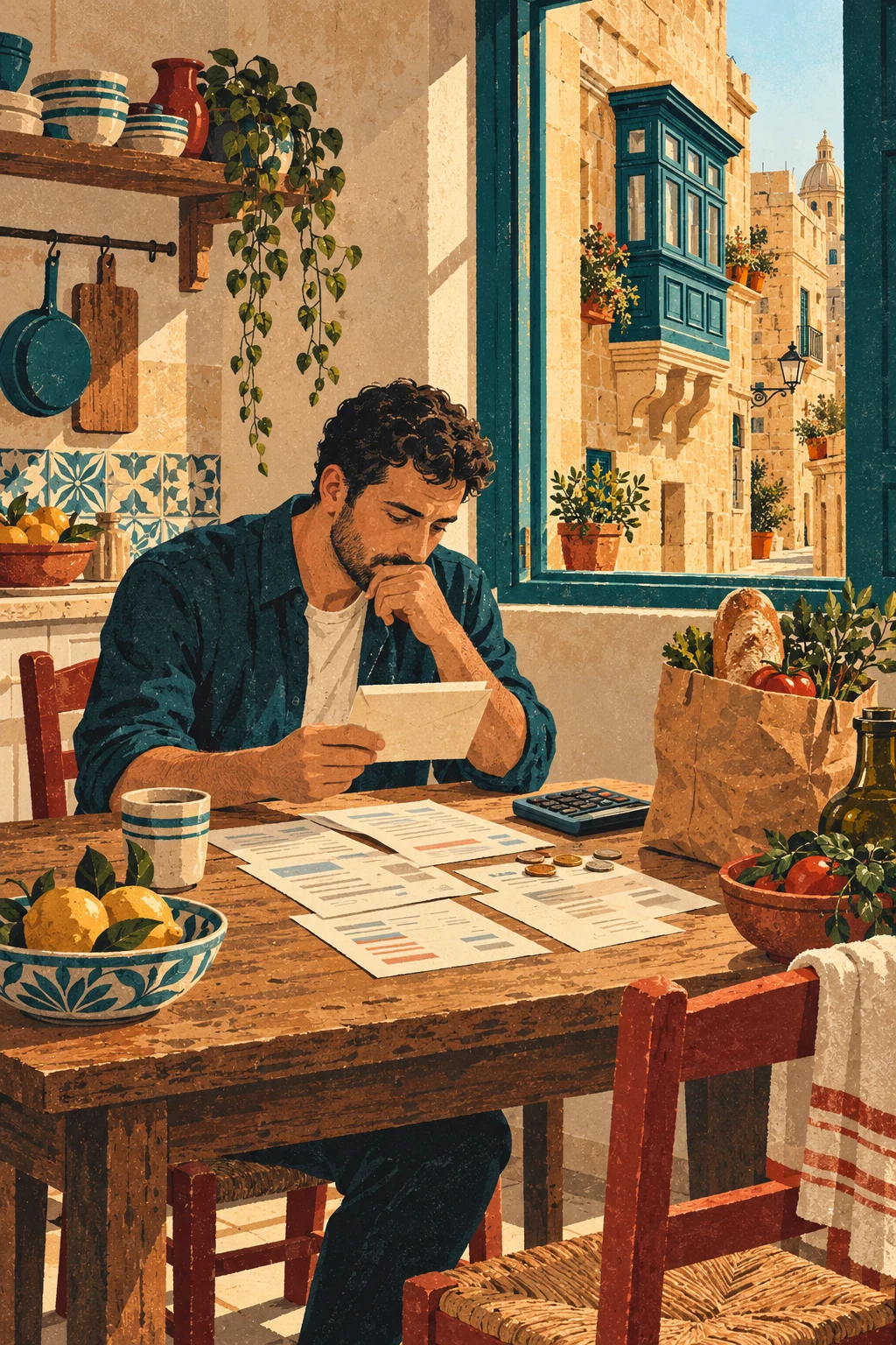 Editorial illustration: a resident studies a pay envelope at a Maltese kitchen table with groceries, coins, bills and a calculator.