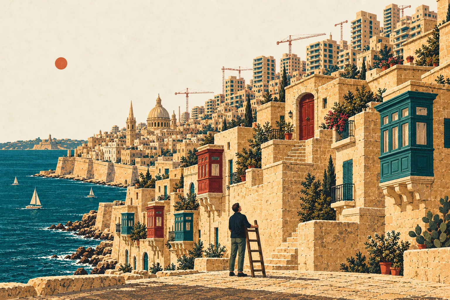 Editorial illustration: a resident carries a ladder beneath enormous limestone steps leading to a red doorway, with Malta’s homes rising behind.