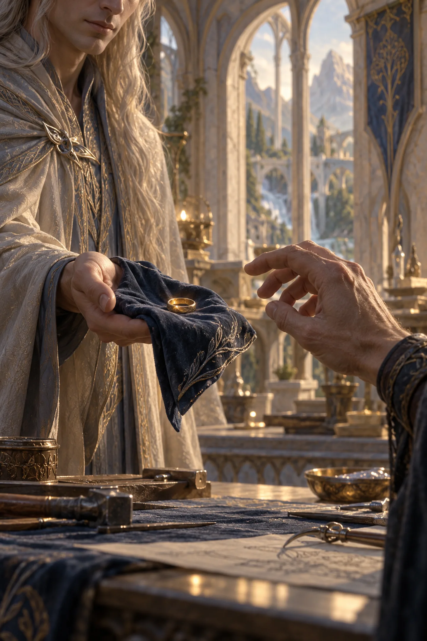 An offered ring and a hand suspended before acceptance.