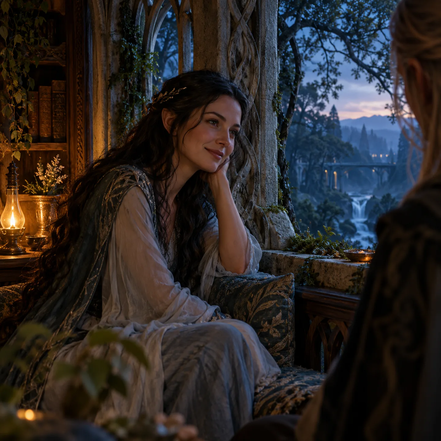 An original Elven scene: a woman smiles toward a companion beside a lamplit window at blue hour.