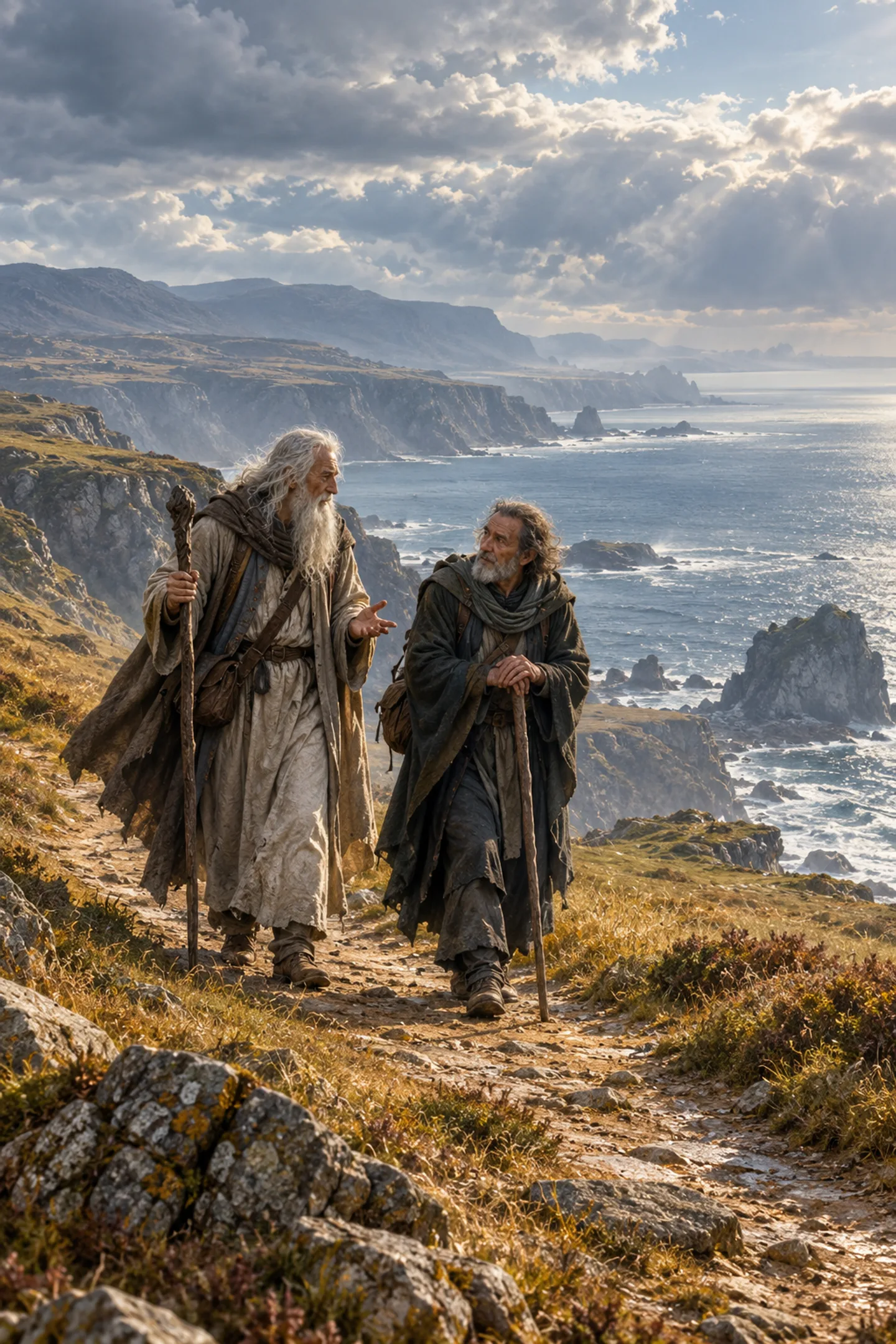 Two original interpretations of aged wandering emissaries pause to talk on a windy coastal road.