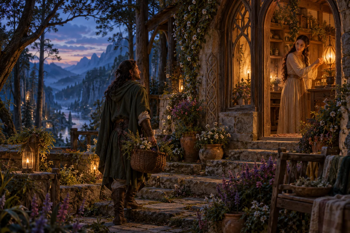 An original imagined scene: one person returns to a garden while another lights a warm window, with forest beyond.