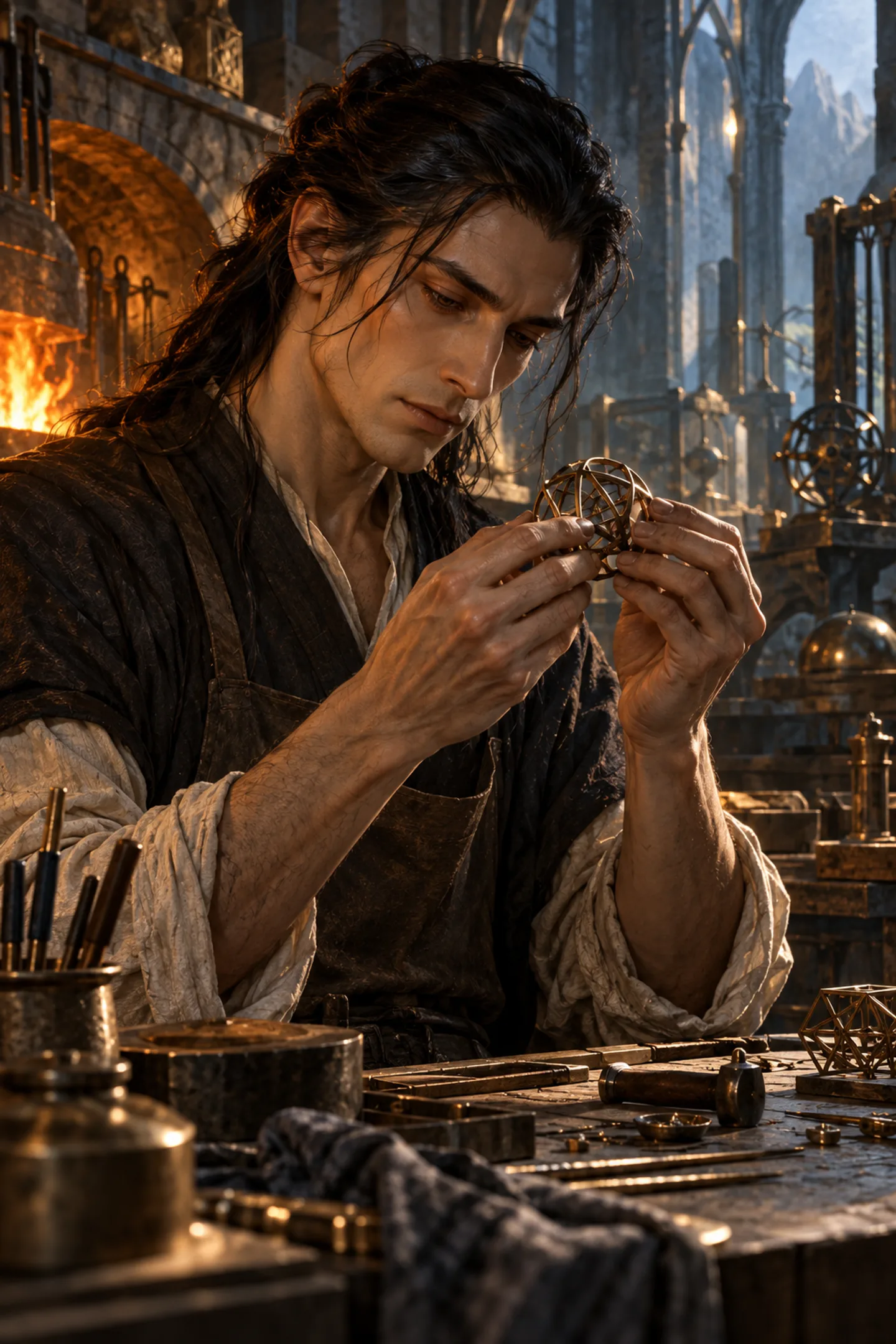 Our interpretation of Mairon concentrating on a small metal creation in a warm workshop.