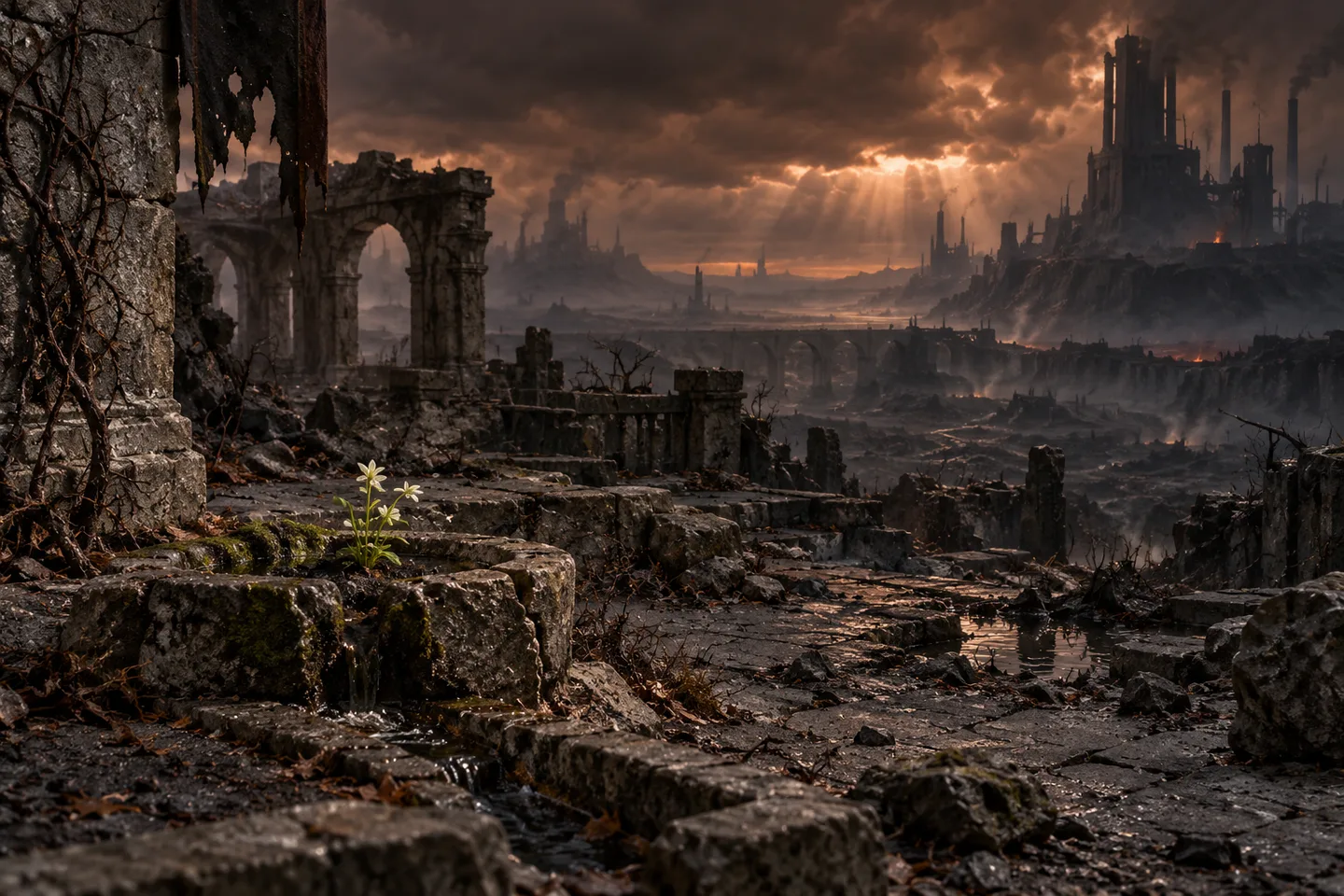 An imagined Mordor landscape: a small pale plant survives among the remnants of a ruined stone courtyard.