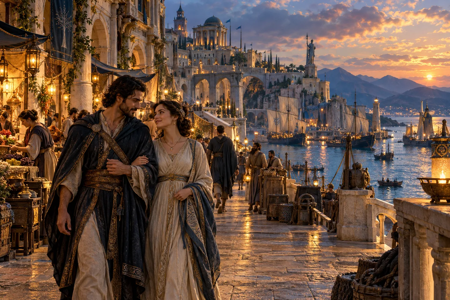 An original interpretation of Númenor before catastrophe: a couple walking home through a warmly lit harbour.