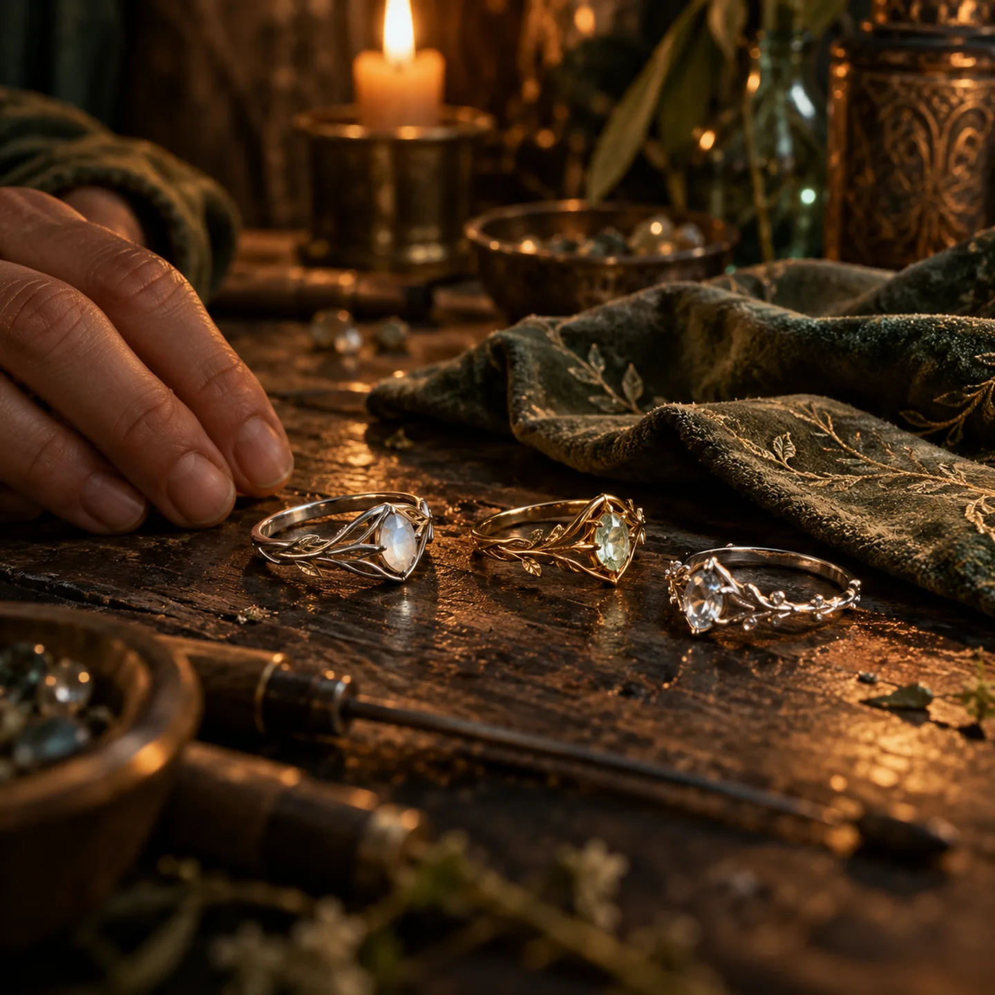 Three original interpretations of crafted rings on a worn desk; a hand rests beside them.