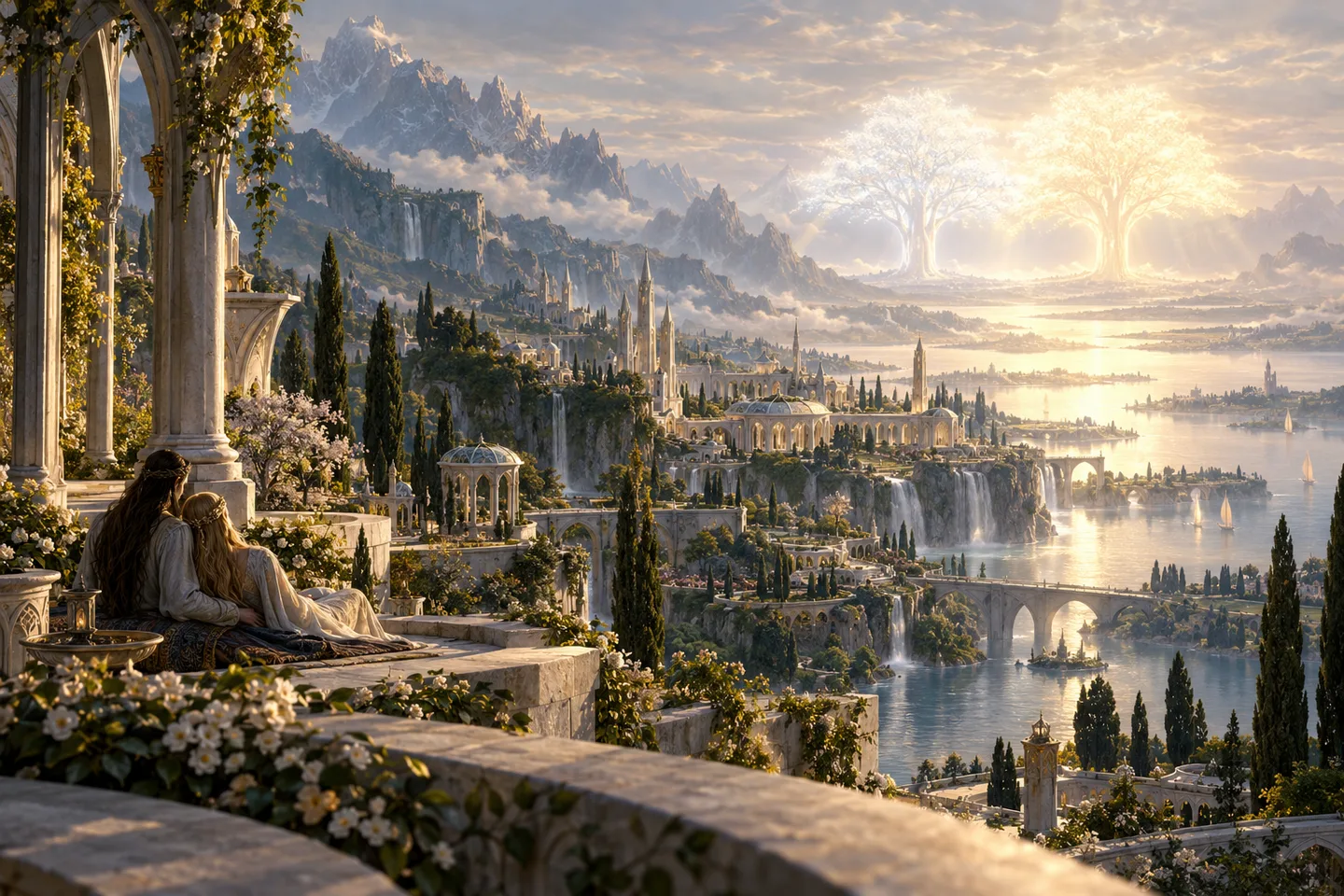 A luminous interpretation of Valinor: two figures rest on a terrace above a city and distant silver and gold trees.