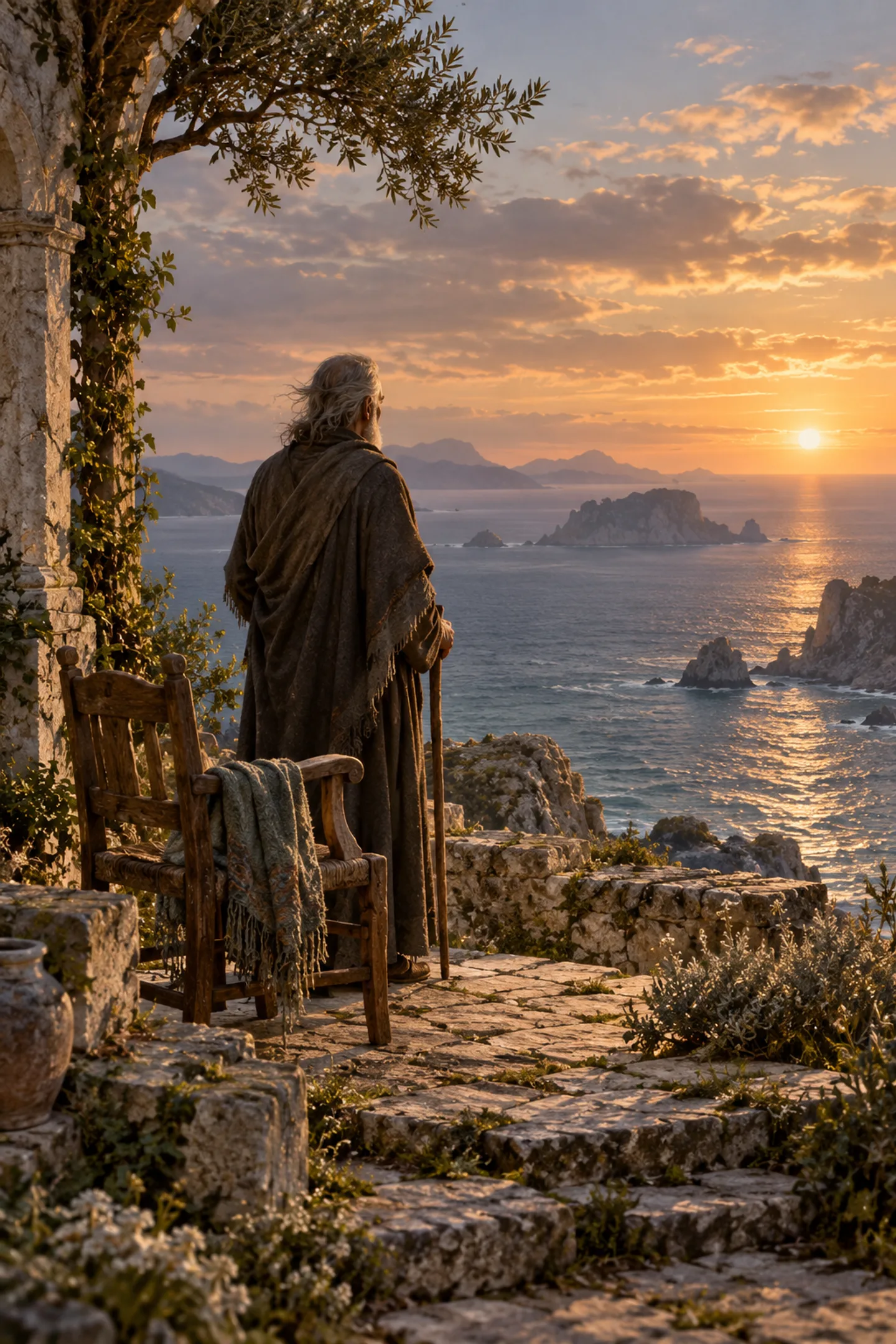 An older person looks over a golden sea beside an empty chair and a folded shawl.