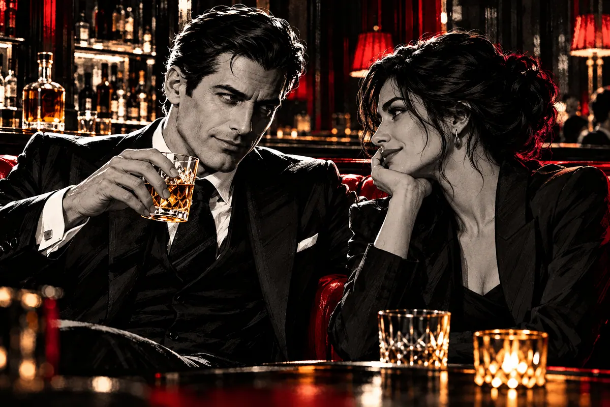 Harvey Jr. and a woman sharing a quiet moment at an illustrated bar