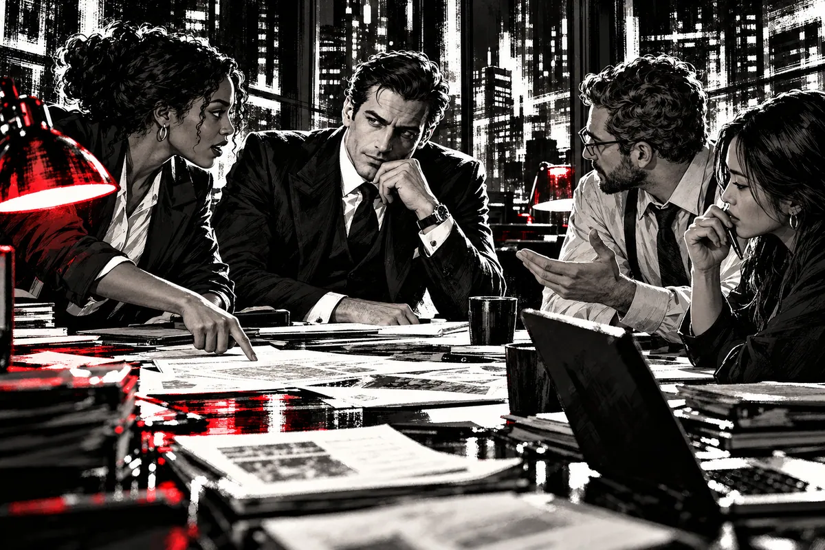Illustration of Harvey Jr. working with a late-night newsroom team