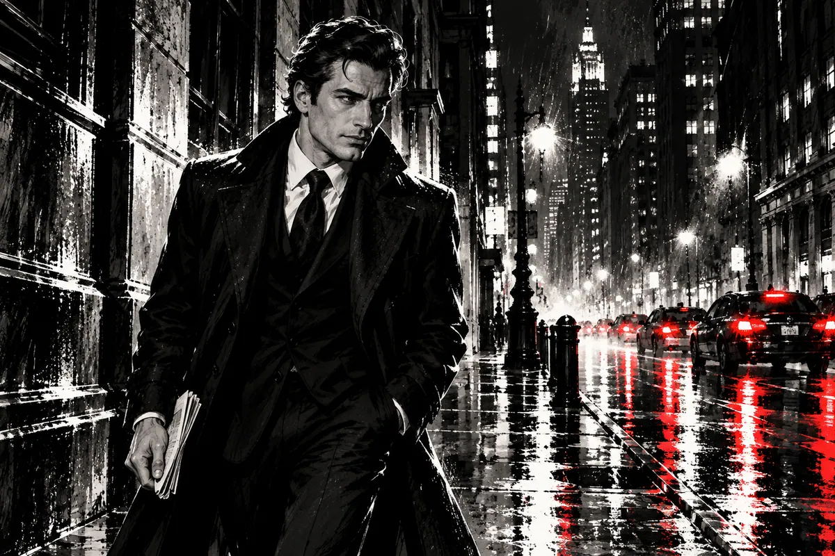 Harvey Jr. walking through an illustrated rainy city street