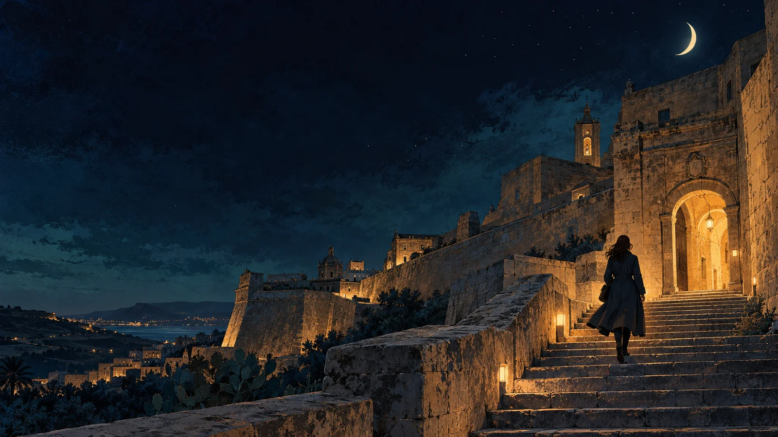 An illustrated traveller following a stone stairway in Gozo