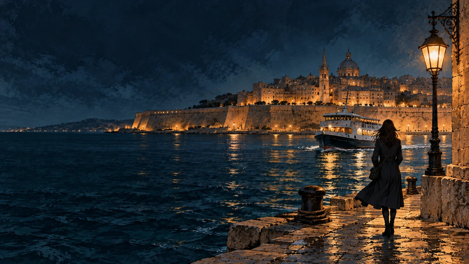 An illustrated traveller waiting at a Maltese ferry quay