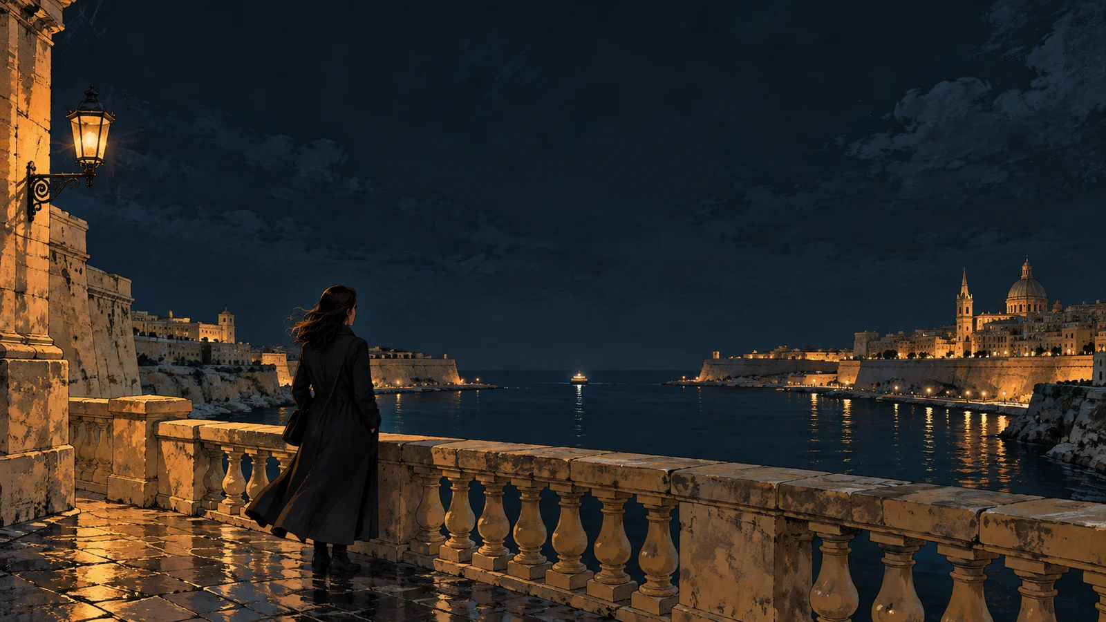 An illustrated traveller overlooking Malta’s harbour