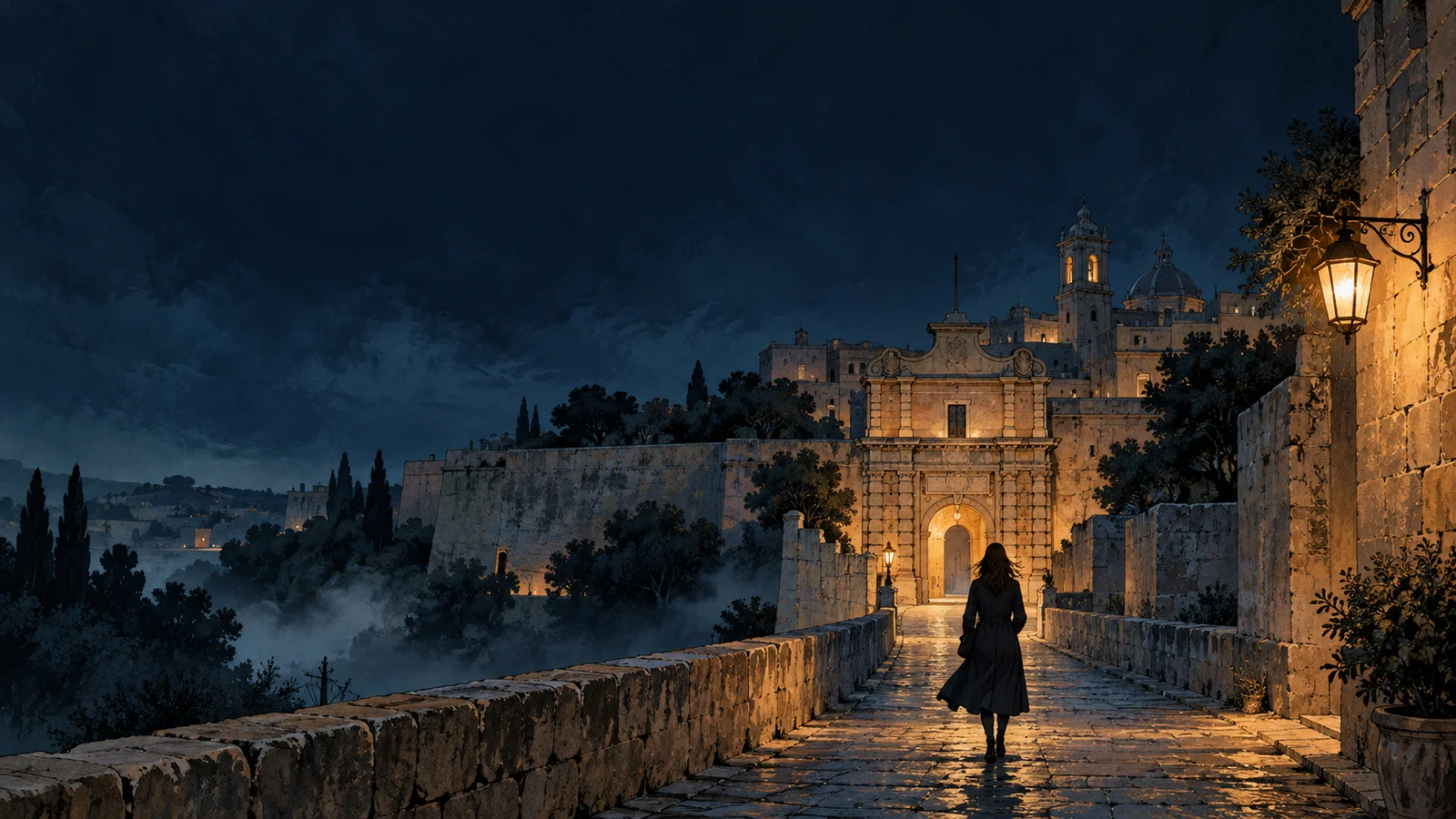 A fictional traveller entering Mdina after dusk