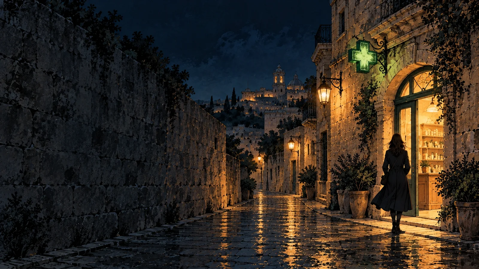 An illustrated traveller outside a Maltese pharmacy at night