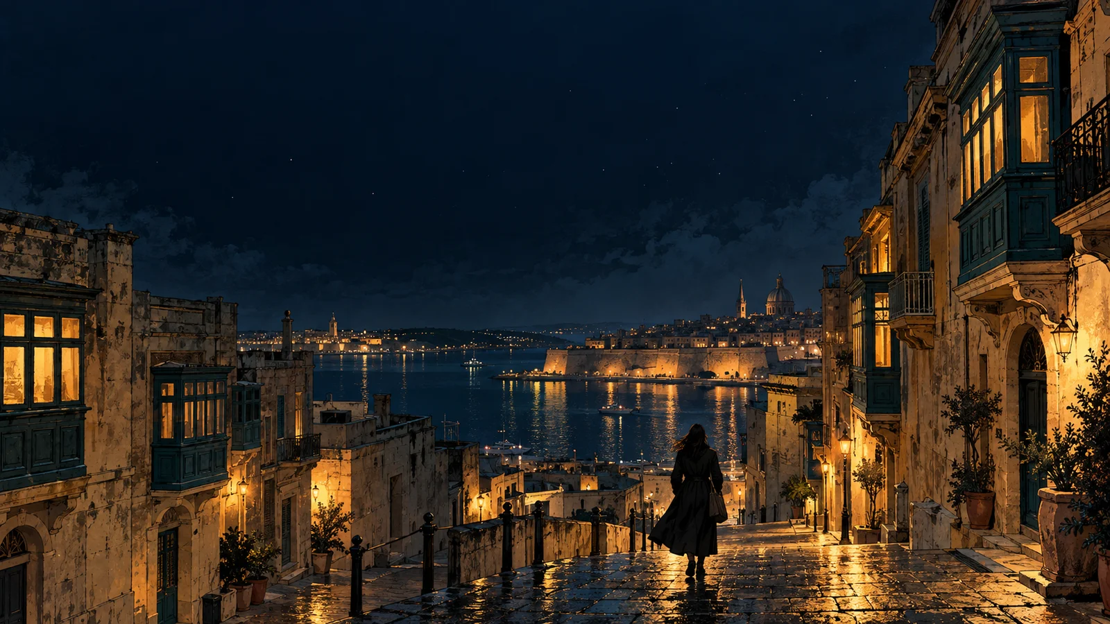 A fictional traveller descending a Valletta street at night