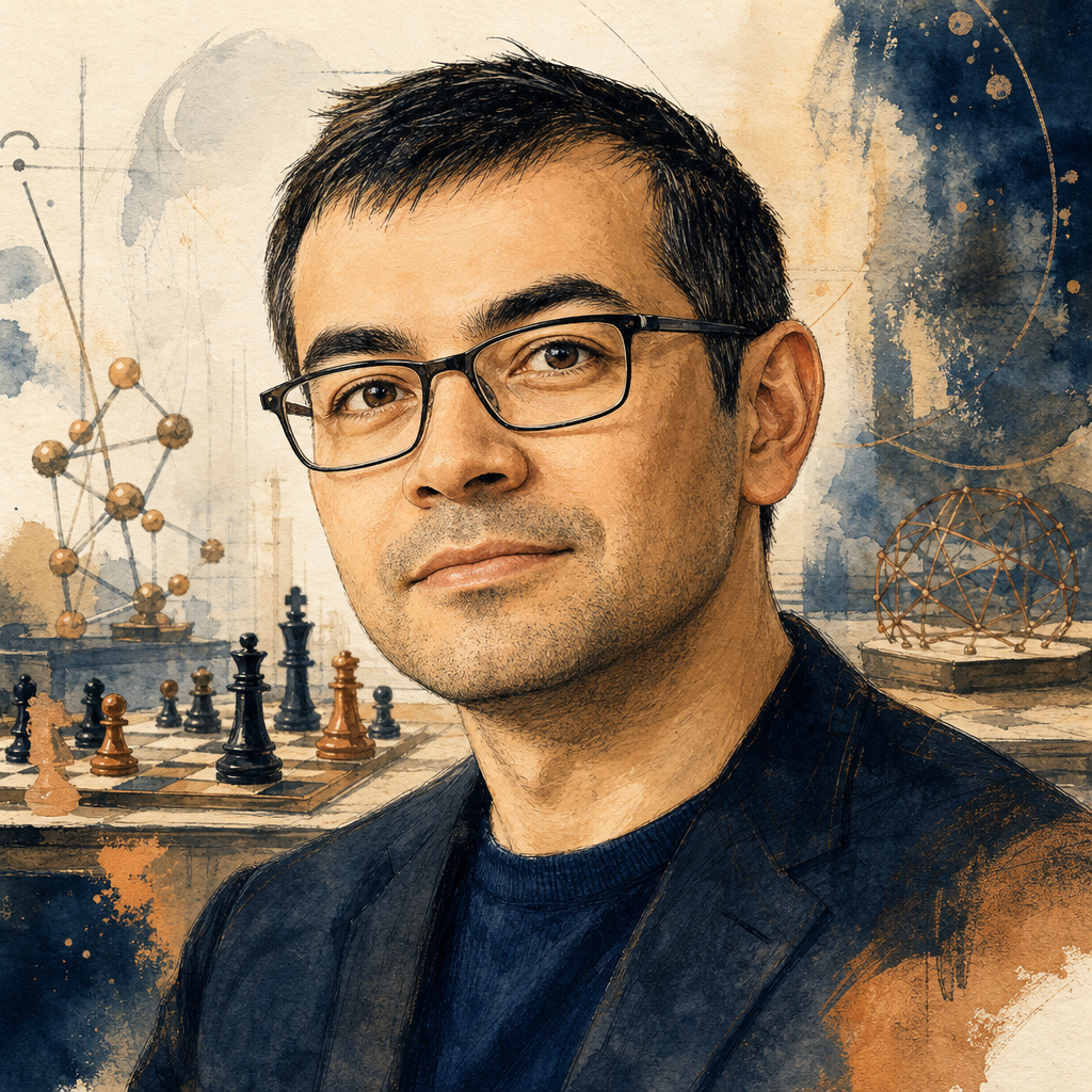 Editorial illustration of Demis Hassabis