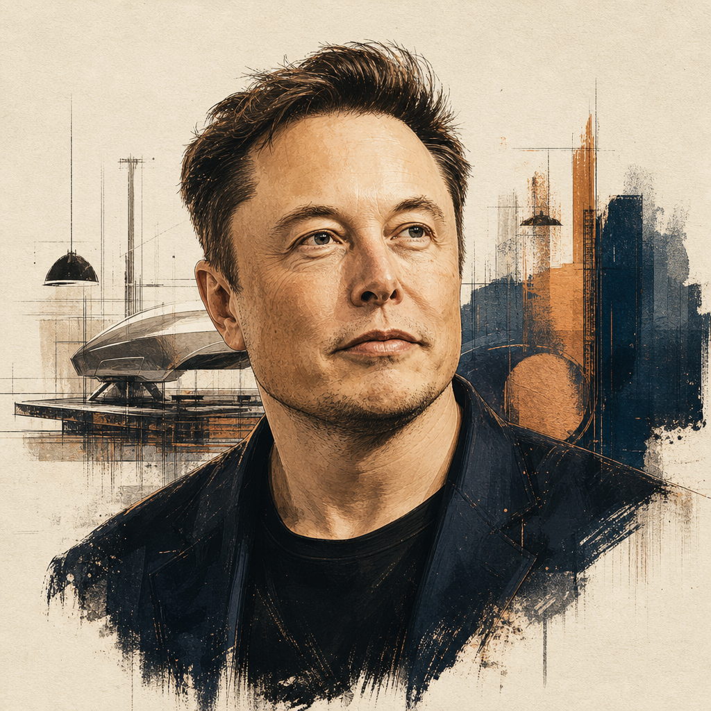 Editorial illustration of Elon Musk