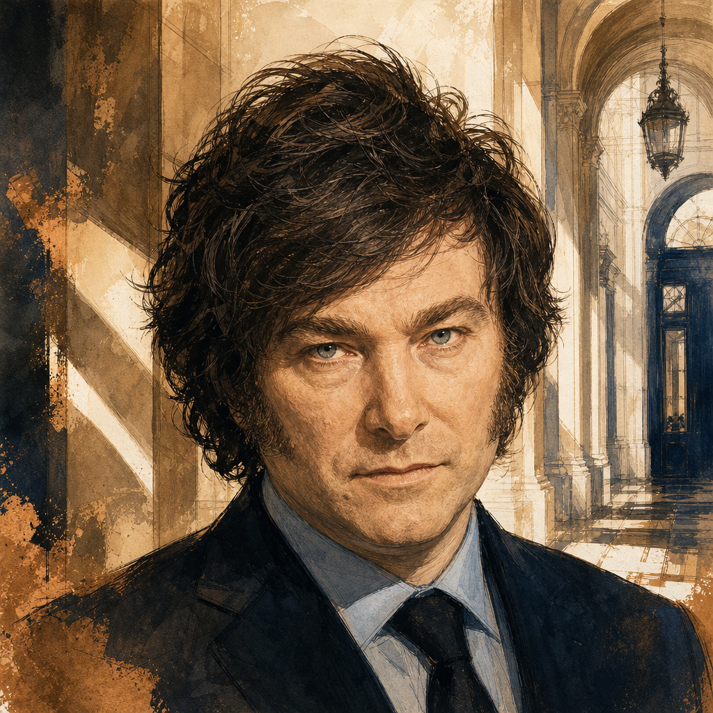 Editorial illustration of Javier Milei