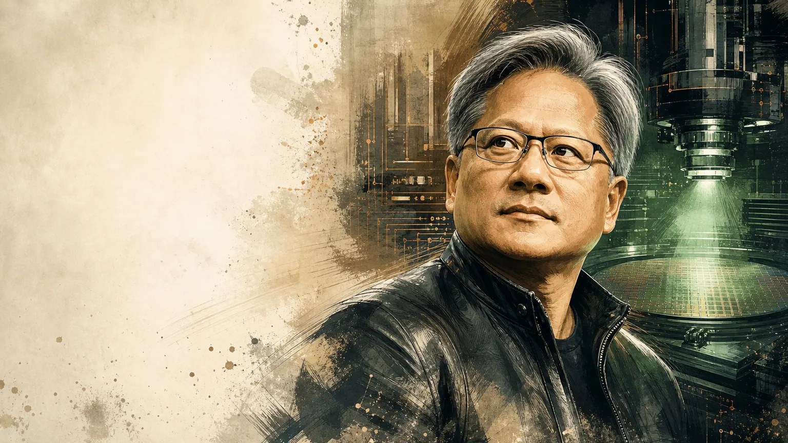 Editorial illustration of Jensen Huang