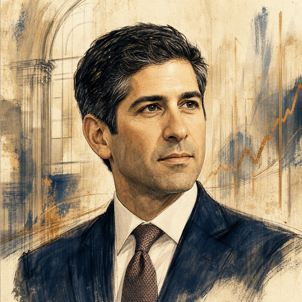 Editorial illustration of Kevin Warsh