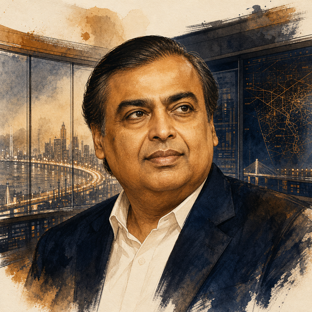 Editorial illustration of Mukesh Ambani