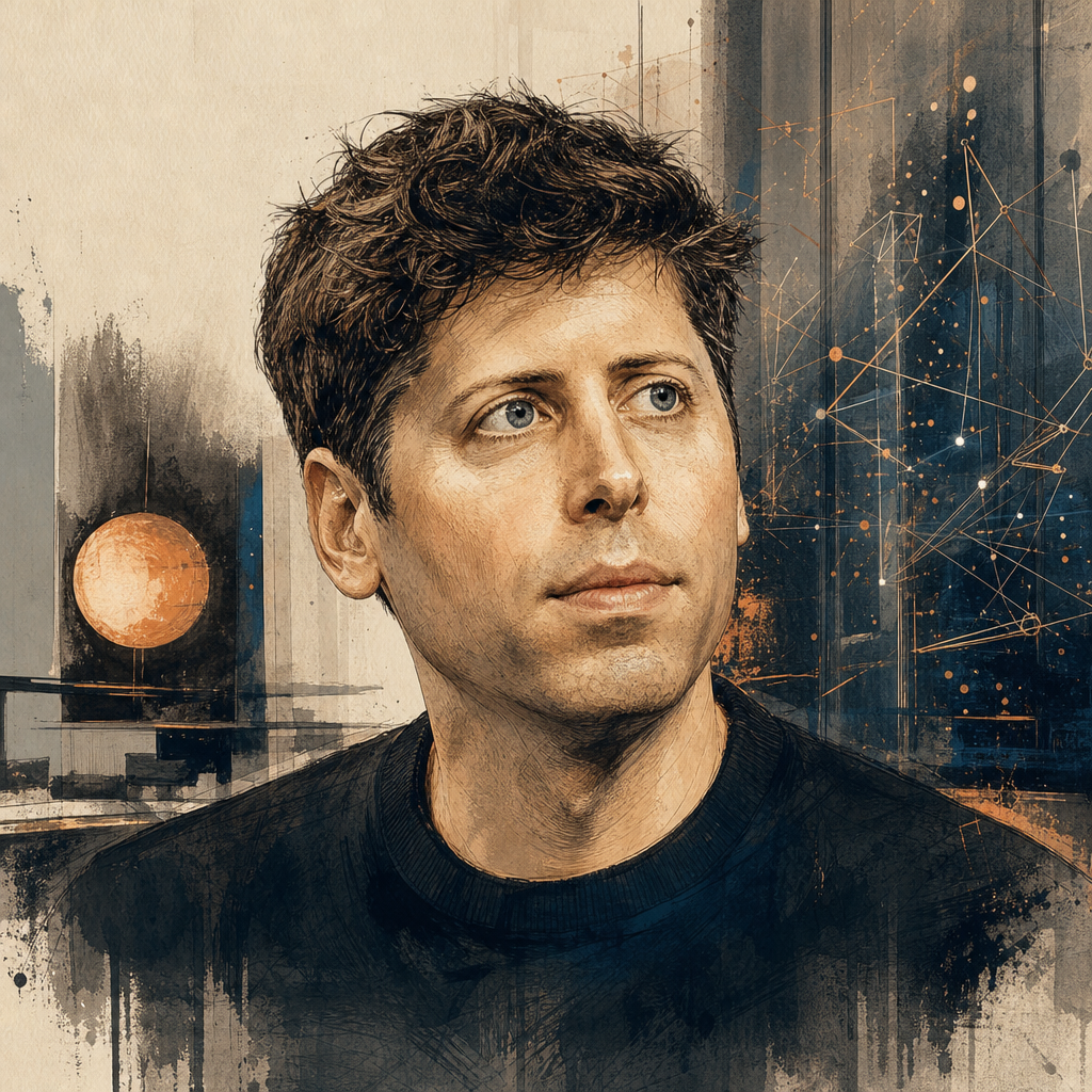 Editorial illustration of Sam Altman